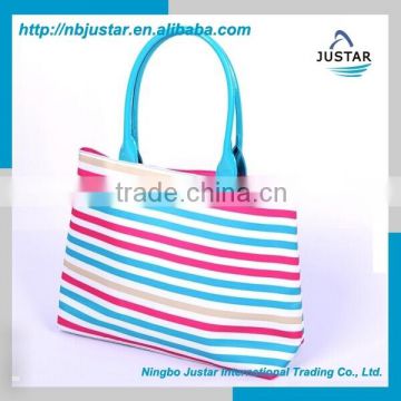 China supplier polyester colourful shopping bag stripe beauty tote shopping bag with blue handle