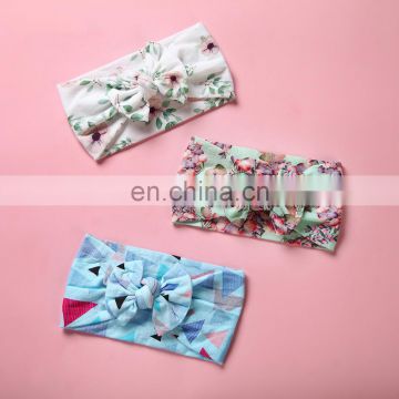 Baby Girl headband Soft Nylon flower print headwear with bow Kids Girl Hair Accessories 22colors