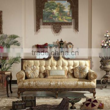 Arabia Style Wood Carving Living Room Sofa Set, Luxury Upholstery Three Seat Sofa,