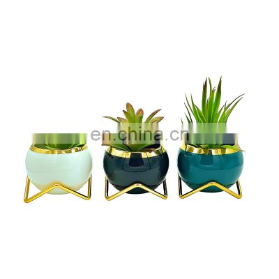 New Custom round nice mini small nordic modern ceramic succulent cactus flower pot  with metal holder