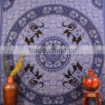 Indian Tapestry Cotton Gray Mandala Elephants Vintage Wall Hanging Art Tapestries Throw Bedsheet