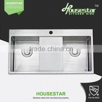 R10-8545 new product high quality double bowl handmade stainless steel kitchen wash sink with drain board