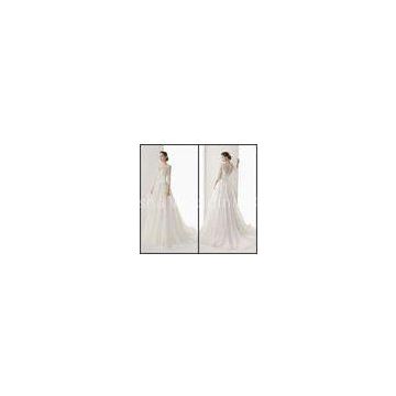 Half Lace Sleeve Bateau Chiffon Womens Wedding Dresses With Hand Made Flower Sash Feather Sweep Trai