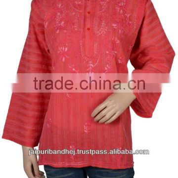 India Wholesale Cotton Tunic Handmade Embroidery Tops Chikan Kurtis Tunic