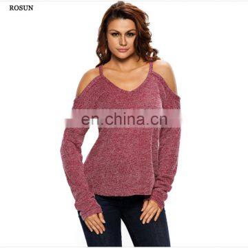 Women European style oversized v neck cold shoulder sweater