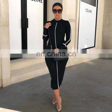2020 Autumn New Women's Contrast Color Long-sleeved Temperament Slim Ladies Casual Tight Long Dress