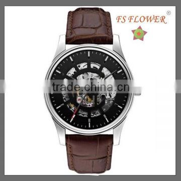 FS FLOWER - Cheap Price Wrist Watch Chinese Skeleton Movt Leather Strap Watch Mens