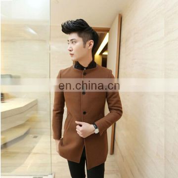 Newest Design Slim Fit Stand Collar Leather Trim Men's Wool Coats Camel