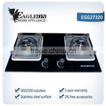 EGG27320 73cm Vietnam temper glass built-in 2 burner gas stove/ gas cooker/ gas hobs, double brass burners, copper gas pipe