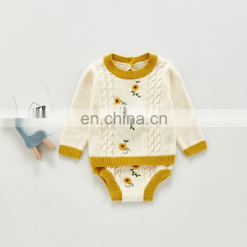 2020 autumn and winter hot models baby girl hand-embroidered cotton daisy flower pullover knitted sweater shorts suit