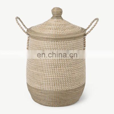 100% nature Grey Weave Seagrass Laundry Basket Lidded and Handle storage hamper Boho Storage Basket