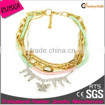 wholesale gold plating chain colorful beads chain with rhinestone buttlefly cheapest necklace