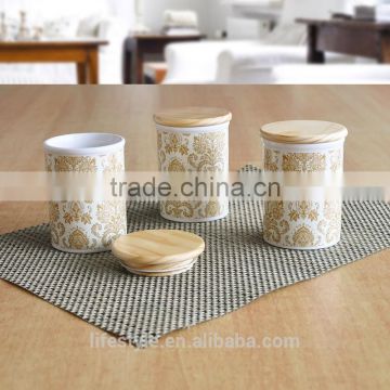 3 Sets Ceramic Canister With Wooden Lid,Stoneware with Decal