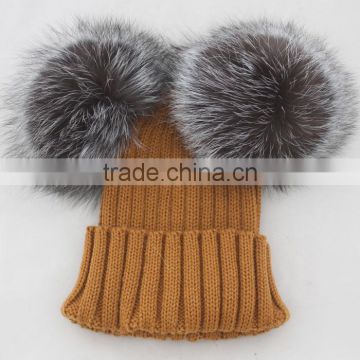 Myfur Female Warm Genuine Fur Bobble Beanie Real Fur Pom Pom Fox Knitted Beanie Hat Warm Winter Cap