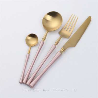 Set of 4 Pieces Matte Pink Gold Colored Stainless Steel Tableware Sets Small Waist Delicate Cutlery Knife Spoon Fork Set Dinnerware