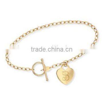 14K Yellow Gold Heart Charm Bracelet Monogram Bangle