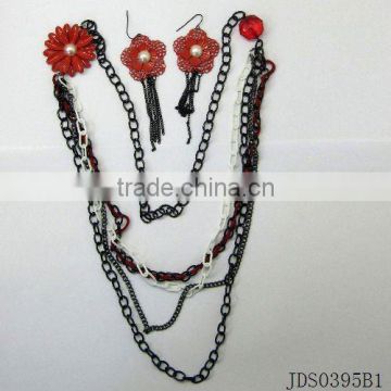 Jet flower w/ pearl chain jewelry set