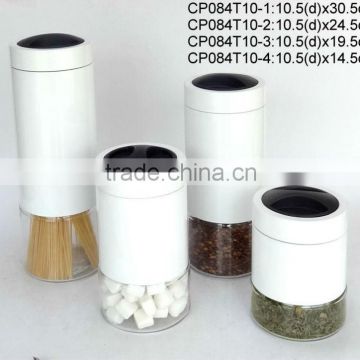 CP084T10 round glass jar with metal casing and plastic lid