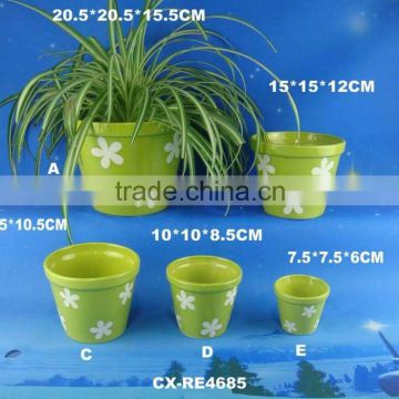 Green round ceramic flower pot and planter