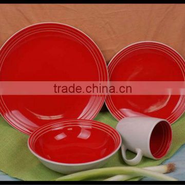 red color with embossed stripe stoneware tableware made in China 16pcs ceramic dinnerware color glaze stoneware dinner set