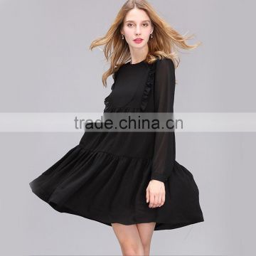Woman Solid Black Pleated Dress 2016 Autumn Female Loose Casual Robe Vestidos Midi Length Ruffles Decrated