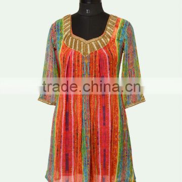 Read digital printed beading dress for casual wear
