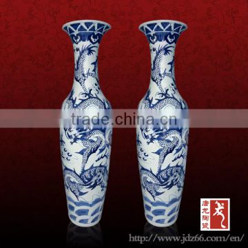 Chinese Antique Tall Blue and White Porcelain Vases With Hand Carved
