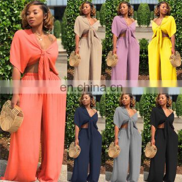 Women Fashion Colorful Fitted 2 Piece Club Bandage Deep V Wide Leg Pants for tracksuit set