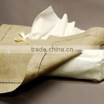 Plain hemstitch tissue box cover-Natural linen