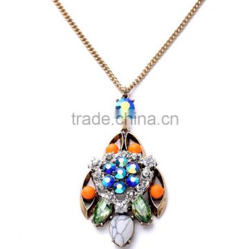 New Oxidized Gold Plated Crystals Jeweled Pendant Necklace,76cm Long Chain Pendant