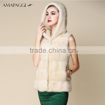 Wholesale fashiom white mink short fur vest with hood