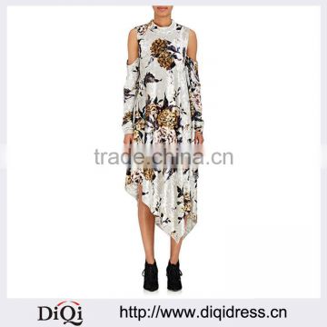 Customized Lady Apparel Women Clothing Floral Velvet Cold-shoulder Dress(DQM031D)
