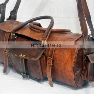 Real Goat Leather Vintage Gym Bag Duffel Brown Leather Weekend Bag Travel Luggage Bag