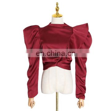 TWOTWINSTYLE Casual Patchwork Ruffles Blouses For Female Stand Collar Puff Half Sleeve Tunic Ruched