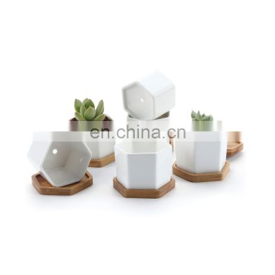 Custom 2 inch small white inndoor hexagon ceramic succulent Planter Plant Pot with bamboo tray