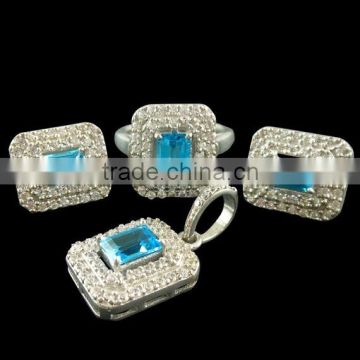 White Rhodium set 925 Sterling Silver Fine Jewelry Set Pendant,Earring,Ring Russian Look Natural Blue Topaz, CZ Set,Cluster Set