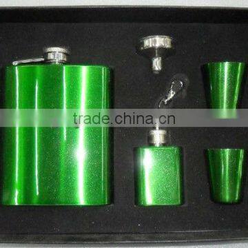 9oz green hip flask stainless steel gift set
