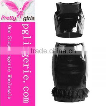 Black 2 Pcs Women Leather bondage Dress Catsuit jumpsuit Hot Sell Costumes