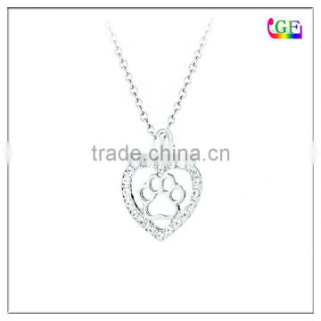 Zinc alloy Silver heart pawprint hollow crystal Pendant Necklace for sale