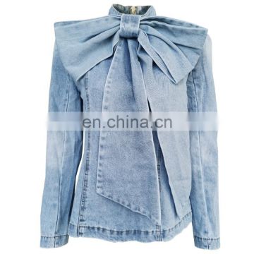 TWOTWINSTYLE Denim Shirts Vintage Bowknot Women Bow Collar Long Sleeve Slim Lace Up