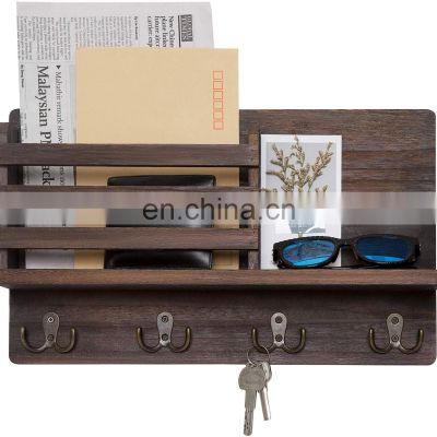 Wooden Wall Mounted Mail Holder Organizer with 4 Double Key Hooks  Floating Shelf