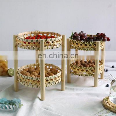 Many Sizes 2 tiers hand-woven natural bamboo fruit basket, Small Storage platter basket Wholesale Made in Vietnam