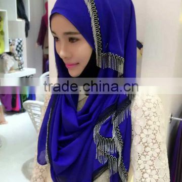 Muslim burst head scarf pearl chiffon tassel long towel Hui female scarf hooded quick sell through