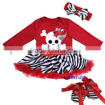 Baby Red Zebra Skull Bow Long Sleeves Bodysuit Pettiskirt Jumpsuit Headband Crib Shoes 3pcs NB-18M
