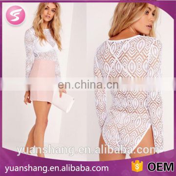 2016 Sexy White Long Sleeve Scoop Neck Lace Bodysuit For Women