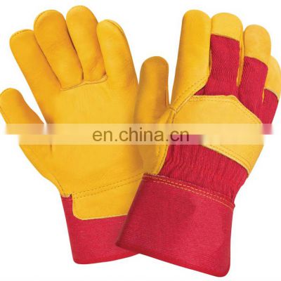 Red Cotton Back Yellow Cow Grain Leather Work Gloves Factory