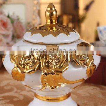 Fancy modern inlaid with gold ceramic jar for candy