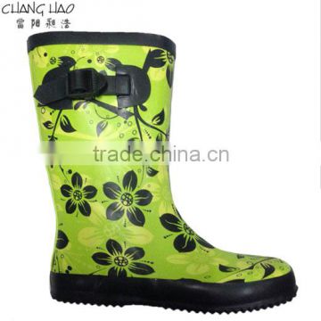 Women cheap rubber rain boot green ground has flower printed with black hasp