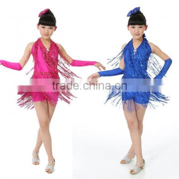Wholesale sexy rose blue new big size sequined fringed skirts children stage performance clothing girls Latin dance dress
