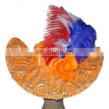 MCH-2253 Fashion cheap wholesale ladies orange party wide warping brim pattern floppy gauze hat with flower and feathers